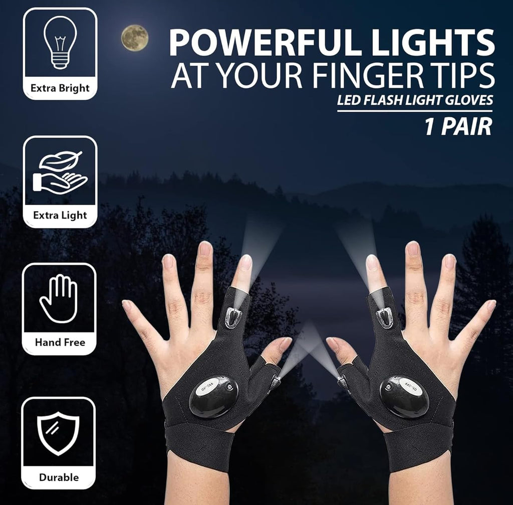 Downtown LED Work Gloves with Built-in Flashlight, Black Fingerless Light Glove, Elastic Waterproof Breathable Glove with Adjustable Velcro for Mechanics Plumbers and Handymen, One Glove