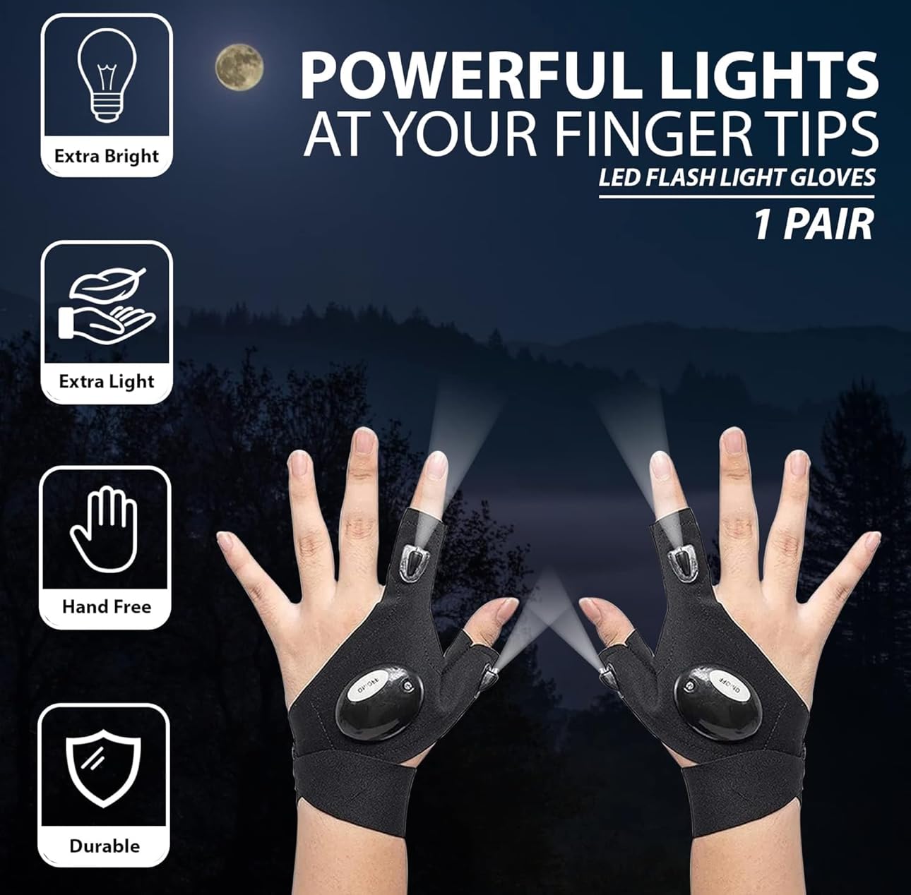 Downtown LED Work Gloves with Built-in Flashlight, Black Fingerless Light Glove, Elastic Waterproof Breathable Glove with Adjustable Velcro for Mechanics Plumbers and Handymen, One Glove