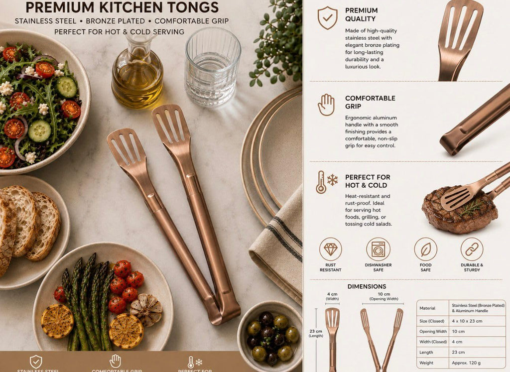 Downtown Stainless steel food tongs in bronze color for barbecue, serving food, desserts and buffets (bronze handle)