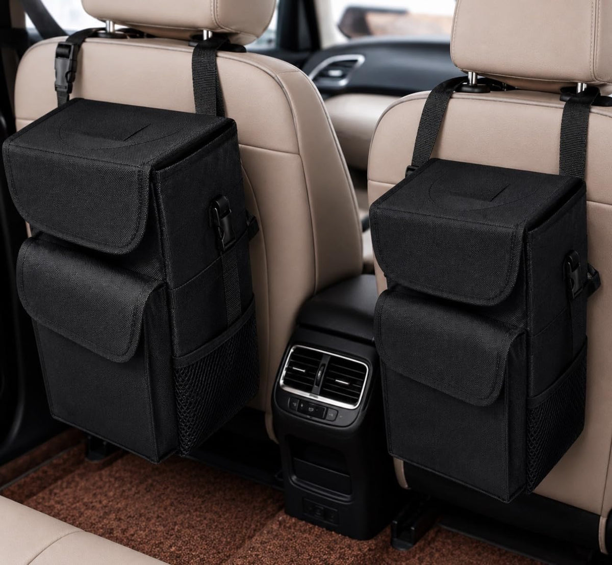 Downtown Car Seat Hanging Trash Bin Organizer Set of 2, Black Foldable Waterproof Storage Bags for Car Back Seat Organization