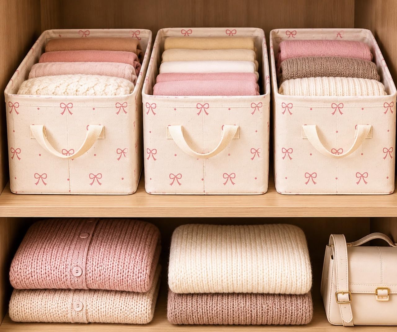 Downtown Foldable Fabric Storage Organizer Box with Handles, Pink Bow Closet Shelf Bin for Clothes Toys Towels and Home Organization
