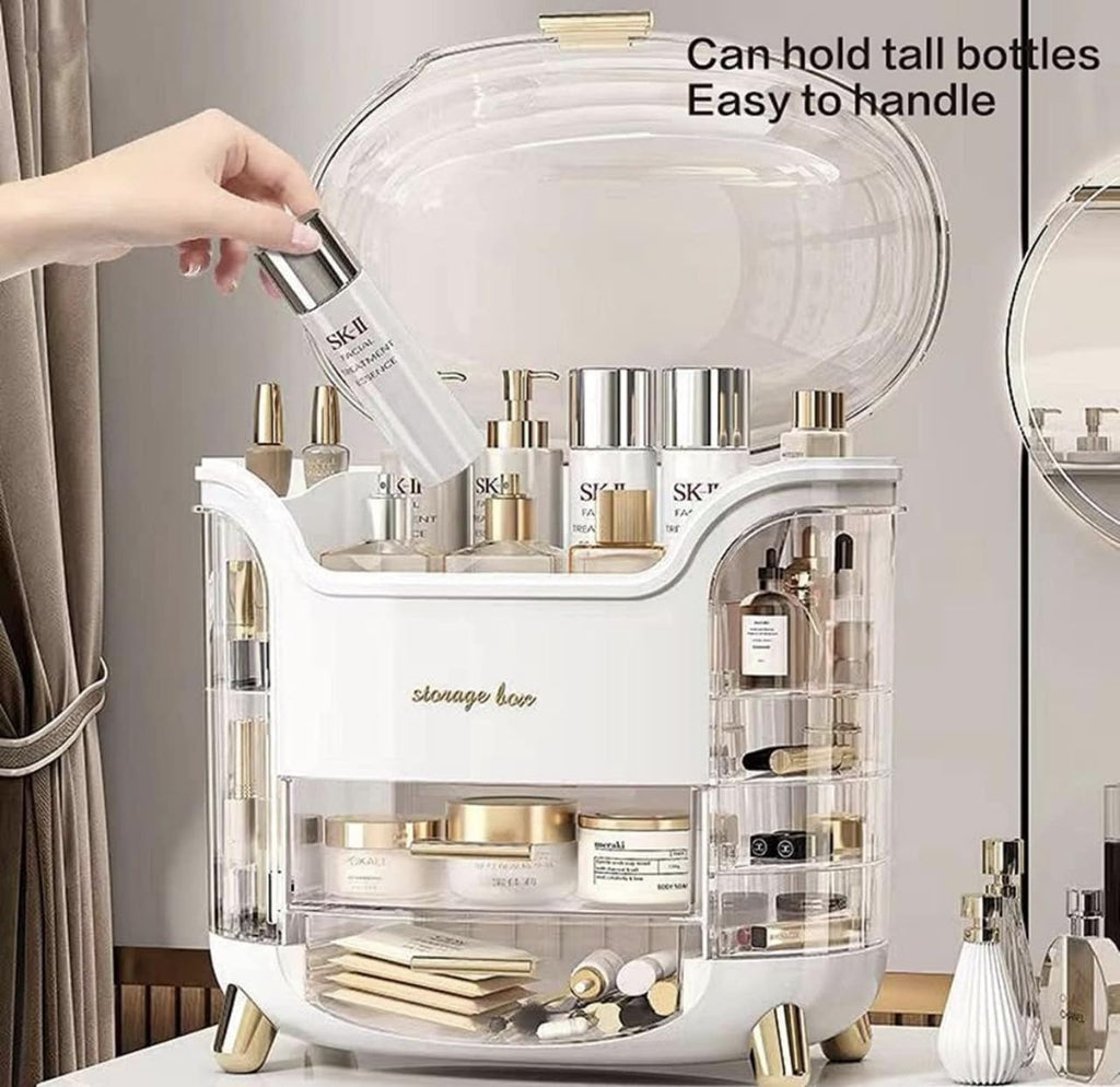 Downtown Makeup Storage Organizer Large Cosmetic Display Case with Lid, White Beauty Organizer for Skincare Perfume Brushes and Vanity