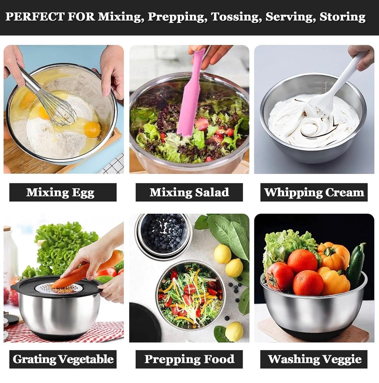Downtown Stainless Steel Mixing Bowl Set with Airtight Lids, Kitchen Prep Bowls for Mixing Serving Storing Baking Cooking and Salads