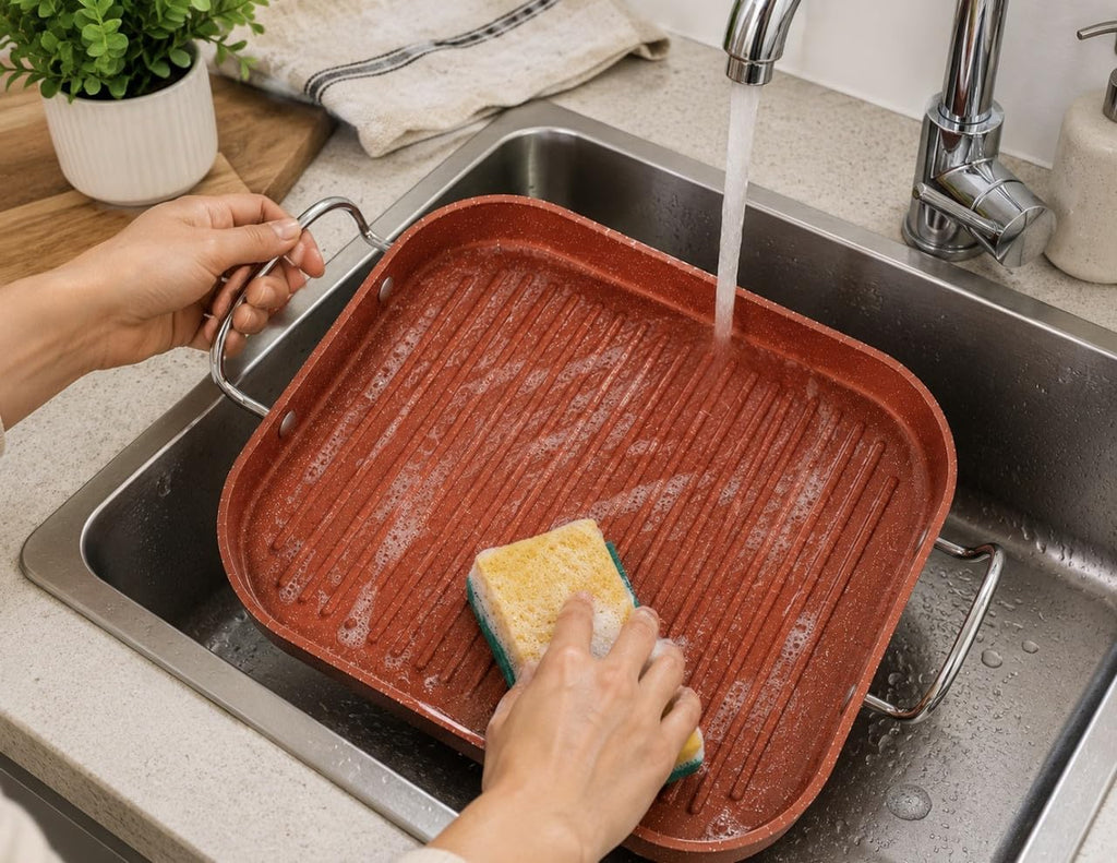 Downtown Nonstick Square Grill Pan 30 cm with Handles, Indoor Grill Tray for Meat Fish Vegetables Chicken and Stovetop Cooking
