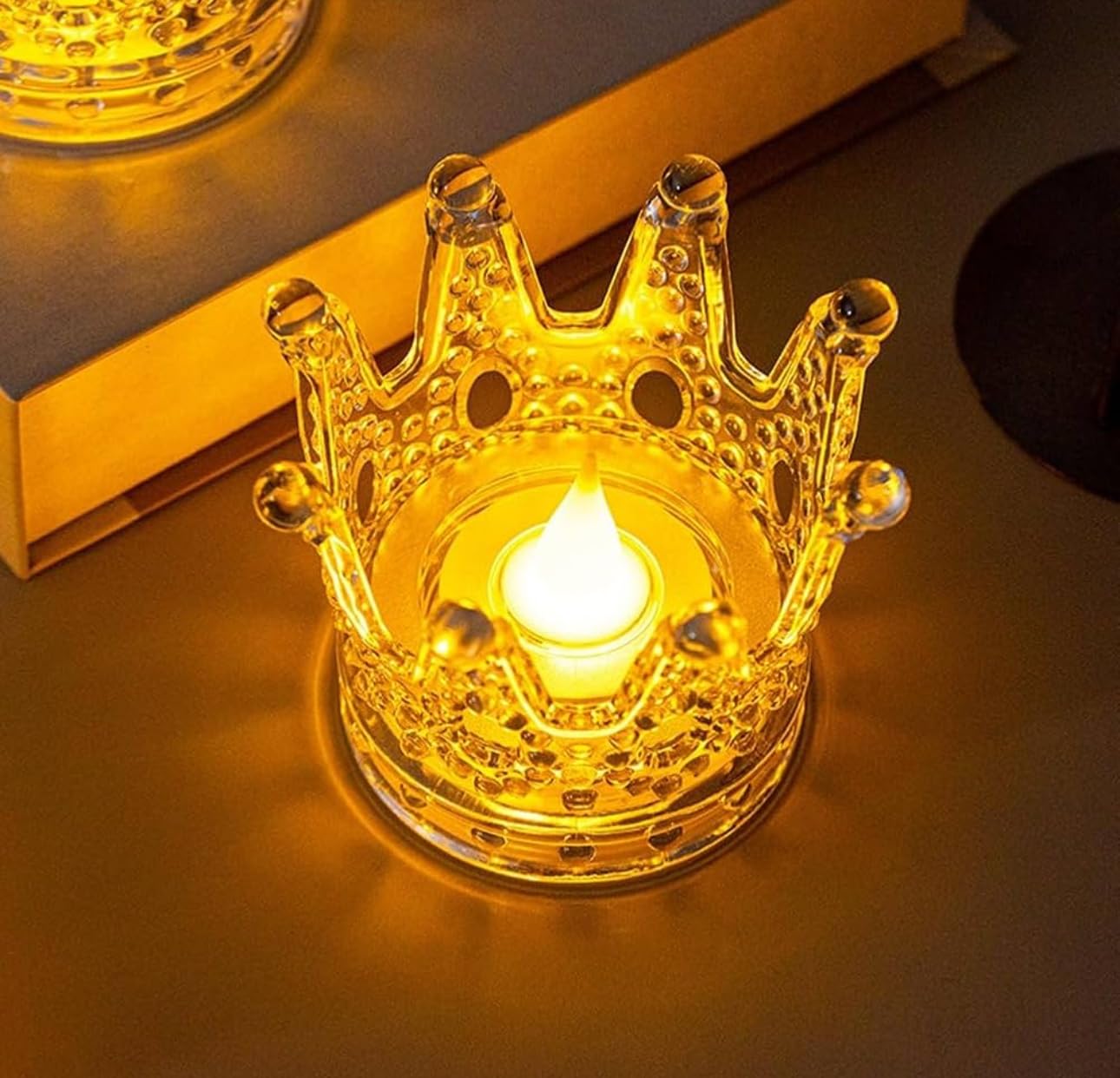 Downtown Decorative Crown Glass Candle Holder, Crystal Tea Light Holder, Clear Elegant Candle Stand for Home Table Wedding Party Living Room and Bedroom Decor
