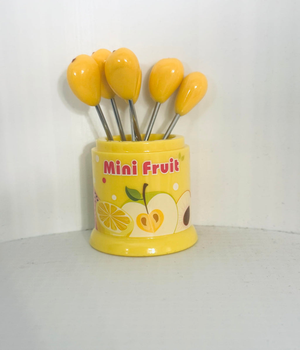 Downtown Mini Fruit Fork Set with Mango Design, 6 Piece Small Fruit Forks with Decorative Holder Stand for Fruits Salad Cheese Snacks and Dessert Serving