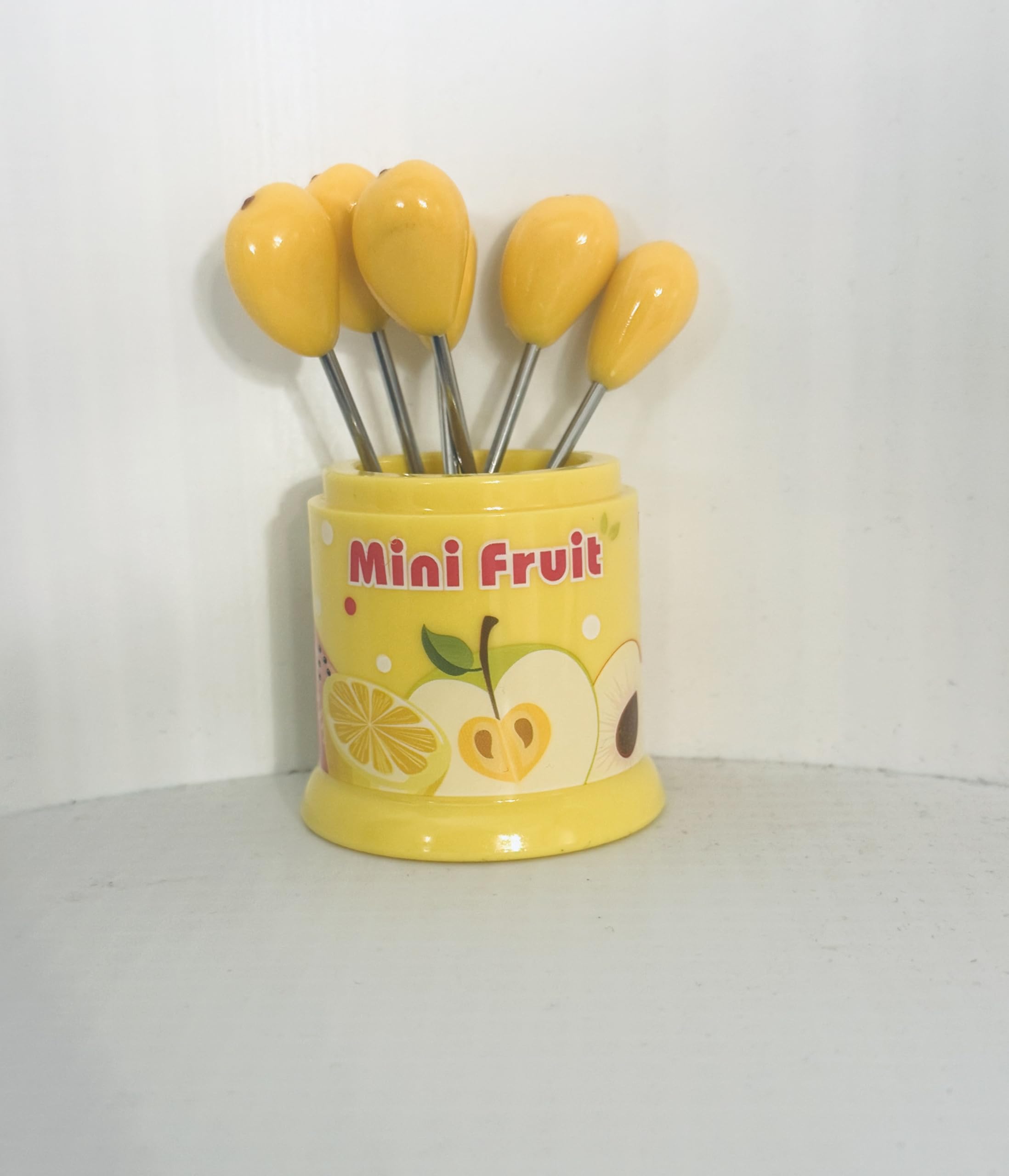 Downtown Mini Fruit Fork Set with Mango Design, 6 Piece Small Fruit Forks with Decorative Holder Stand for Fruits Salad Cheese Snacks and Dessert Serving