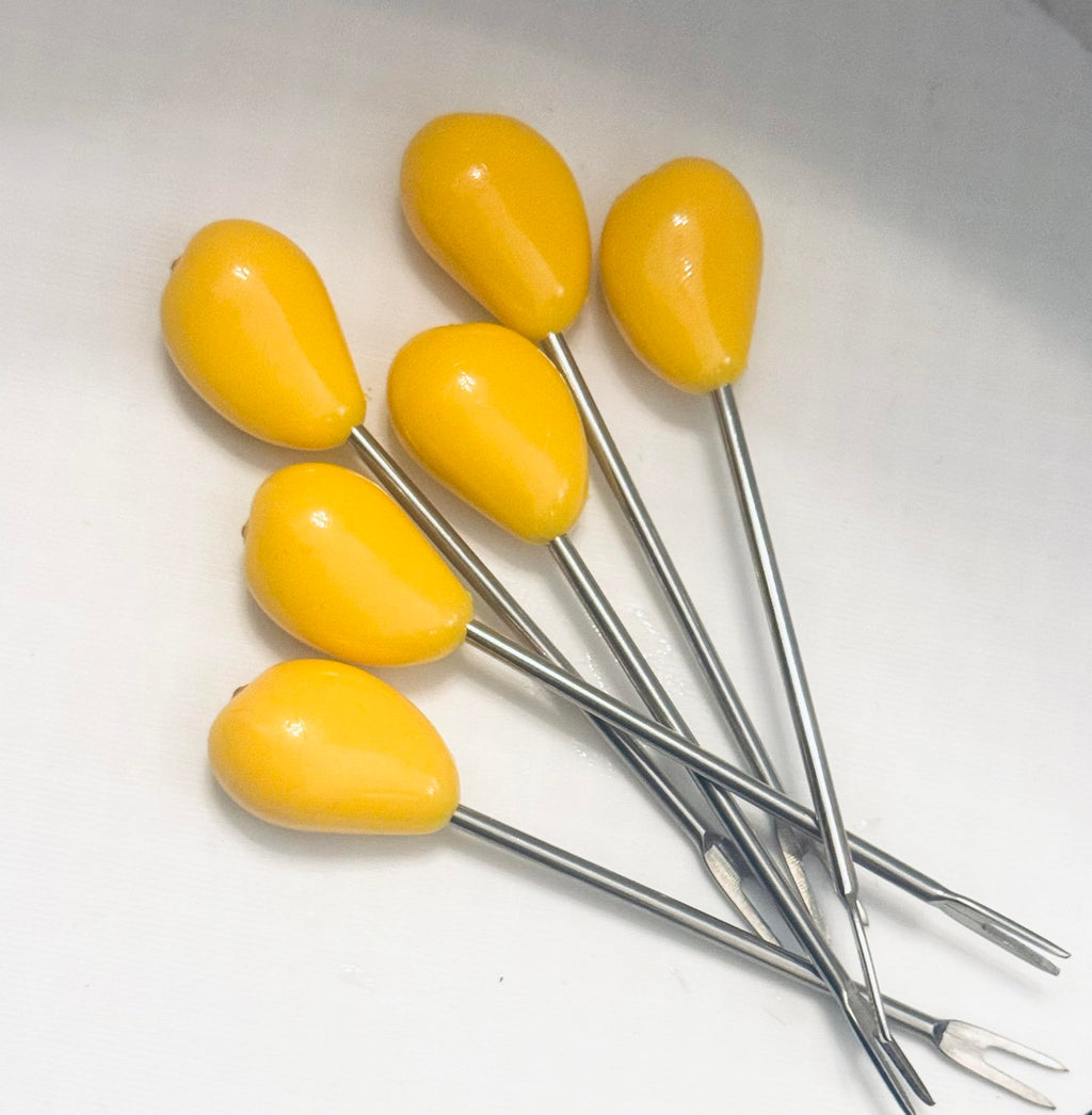 Downtown Mini Fruit Fork Set with Mango Design, 6 Piece Small Fruit Forks with Decorative Holder Stand for Fruits Salad Cheese Snacks and Dessert Serving