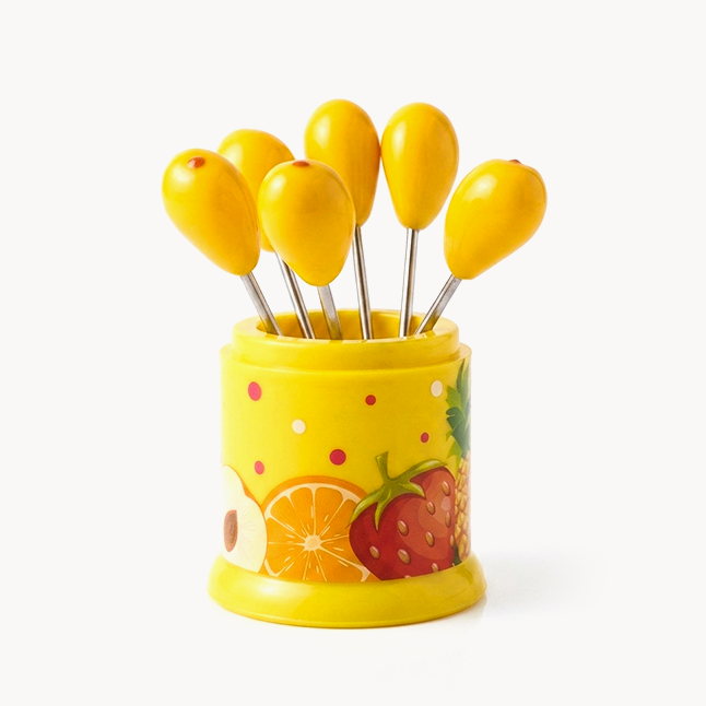 Downtown Mini Fruit Fork Set with Mango Design, 6 Piece Small Fruit Forks with Decorative Holder Stand for Fruits Salad Cheese Snacks and Dessert Serving