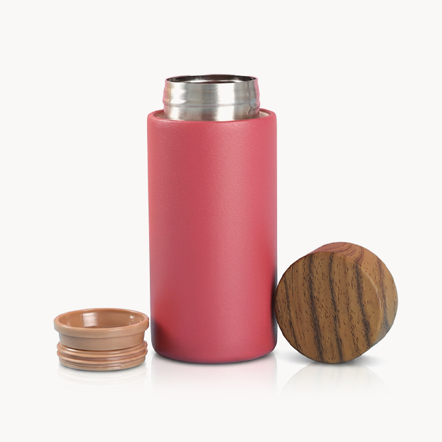 Downtown Insulated Coffee Mug with Wooden Lid, 260ml Stainless Steel Travel Cup, Leak-Resistant Thermal Mug for Hot and Cold Drinks Office Travel and Daily Use (Burgundy))