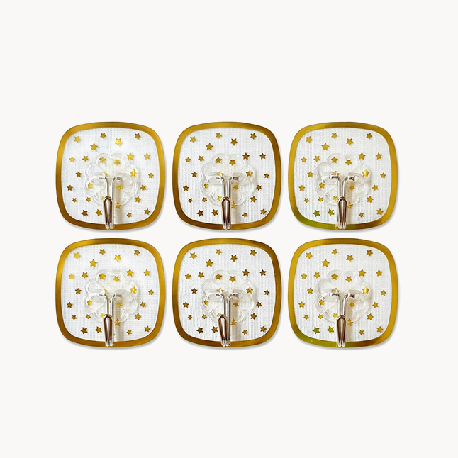 Downtown Self Adhesive Decorative Wall Hooks, Transparent PVC Hooks with Gold Star Pattern, Heavy Duty 160-Degree Rotation Damage-Free Hooks for Kitchen Bathroom and Home Use, 6 Pack