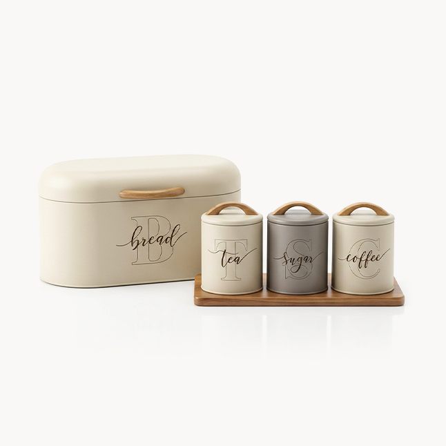 Downtown Bread Box with 3 Storage Canisters Set Metal Kitchen Storage Container Set for Bread Tea Coffee Sugar