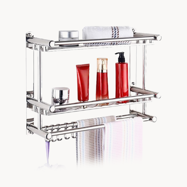 Downtown Stainless Steel Bathroom Shelf Rack Wall Mounted Organizer with Towel Bar and Hooks