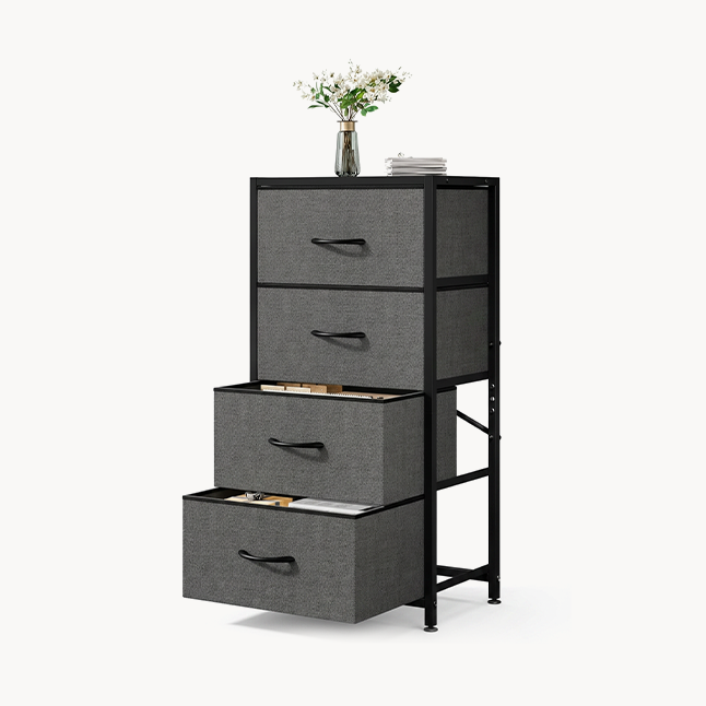 Downtown 4 Drawer Fabric Storage Organizer Tower with Steel Frame Vertical Dresser for Bedroom Living Room Closet Space Saving Cabinet