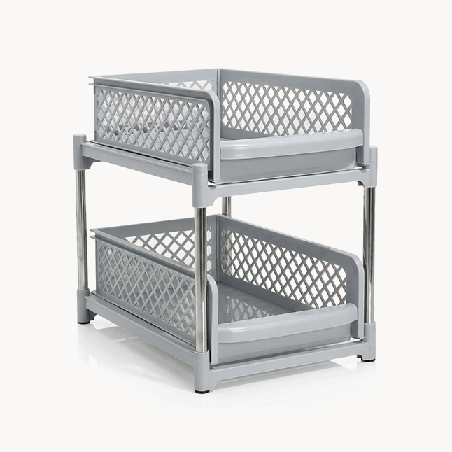 Downtown 2 Tier Sliding Basket Organizer Grey Under Sink Storage Rack Pull Out Kitchen Bathroom Shelf
