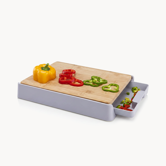 DOWNTOWN Cutting Board with Pull-Out Storage Tray – Multi-Function Chopping Board for Vegetables, Fruits & Meat-Wooden