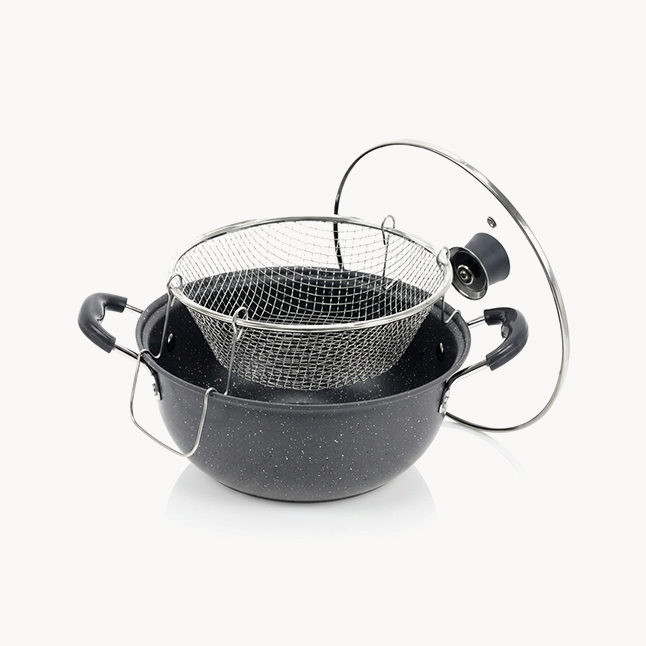 DOWNTOWN Deep Frying Pot with Basket & Glass Lid – Non-Stick Cooking Pot for Frying, Boiling & Steaming