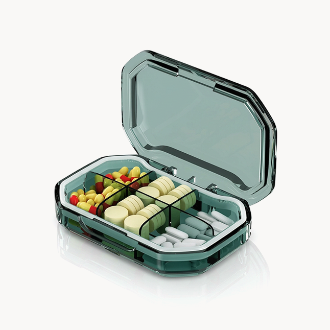 DOWNTOWN Portable Pill Organizer Box – Compact Travel Medicine Case with 6 Compartments, BPA-Free Daily Vitamin & Tablet Storage Container