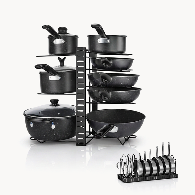 Downtown Adjustable Pot and Pan Organizer Rack Multi Tier Kitchen Cookware Holder for Cabinets Countertops or Upright Storage
