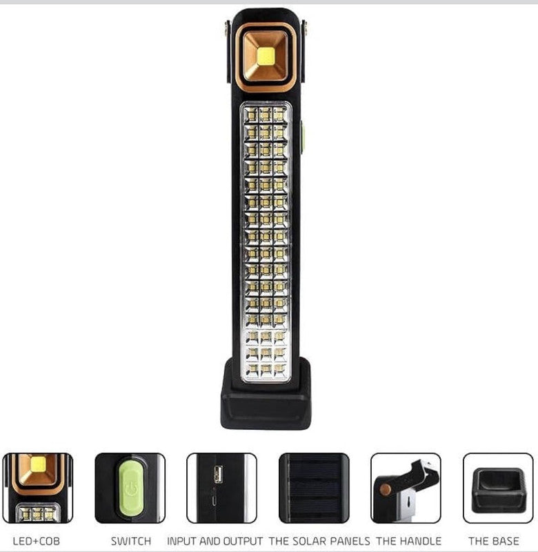 Downtown Solar Powered Emergency LED Work Light – Rechargeable Portable COB Lamp with Dual Light Source Hanging Hook for Camping Garage Power Outage
