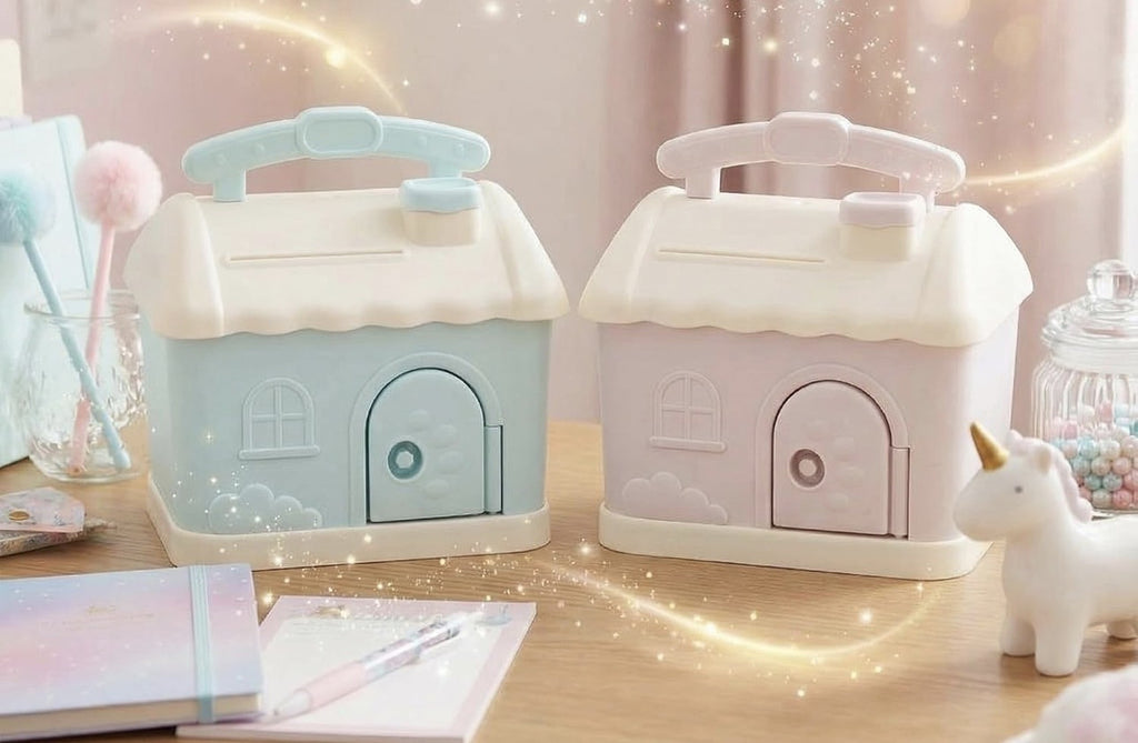 Downtown Kids House Piggy Bank with Lock and Key – Cute Money Saving Box for Coins and Cash Portable Storage Box
