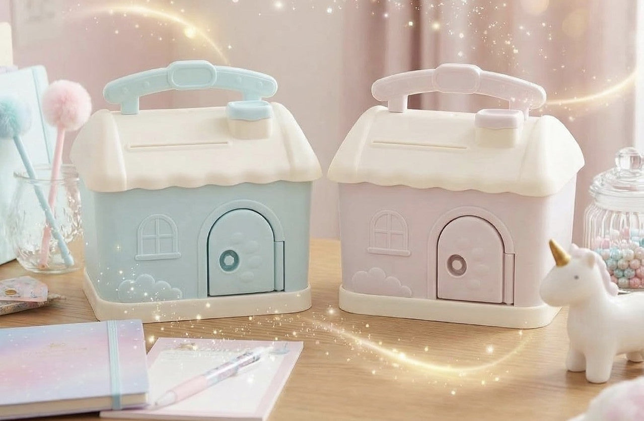 Downtown Kids House Piggy Bank with Lock and Key – Cute Money Saving Box for Coins and Cash Portable Storage Box