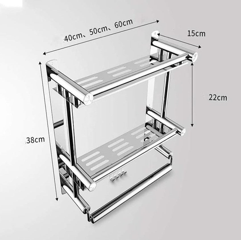 Downtown Stainless Steel Bathroom Shelf Rack Wall Mounted Organizer with Towel Bar and Hooks