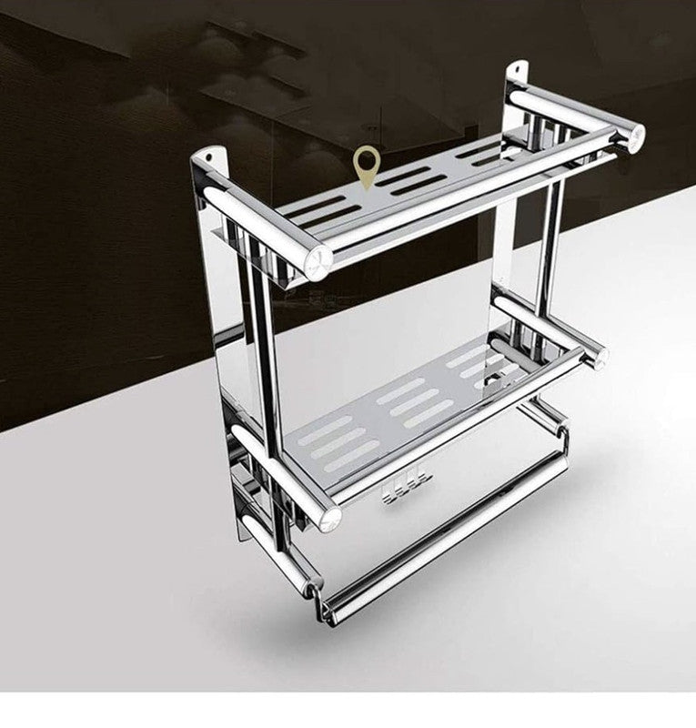Downtown Stainless Steel Bathroom Shelf Rack Wall Mounted Organizer with Towel Bar and Hooks