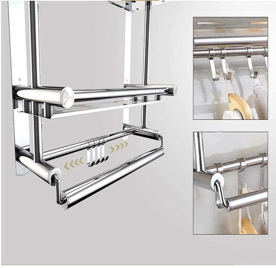 Downtown Stainless Steel Bathroom Shelf Rack Wall Mounted Organizer with Towel Bar and Hooks
