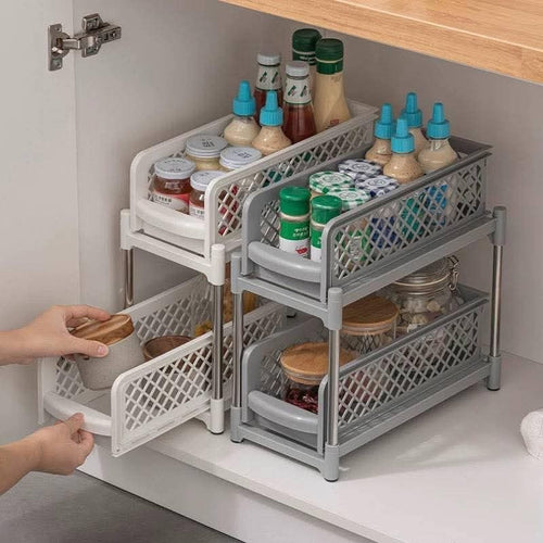 Downtown 2 Tier Sliding Basket Organizer Under Sink Storage Rack Pull Out Kitchen Bathroom Shelf