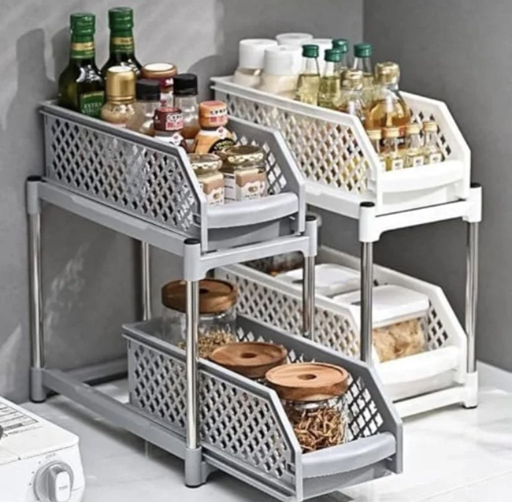 Downtown 2 Tier Sliding Basket Organizer Under Sink Storage Rack Pull Out Kitchen Bathroom Shelf