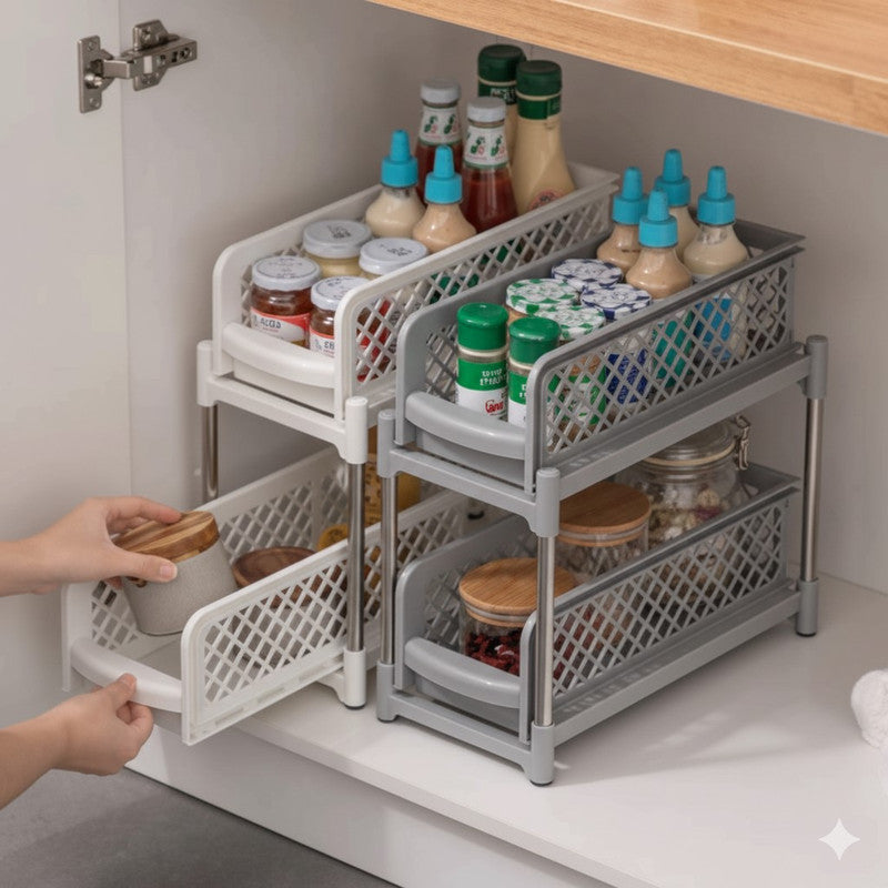 Downtown 2 Tier Sliding Basket Organizer Grey Under Sink Storage Rack Pull Out Kitchen Bathroom Shelf