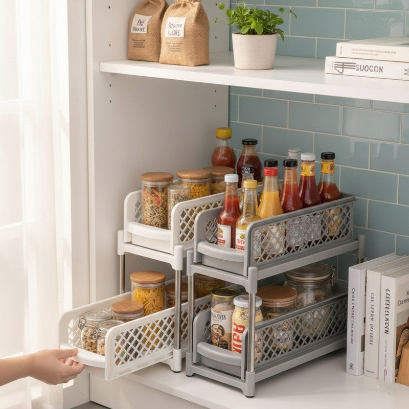 Downtown 2 Tier Sliding Basket Organizer Grey Under Sink Storage Rack Pull Out Kitchen Bathroom Shelf