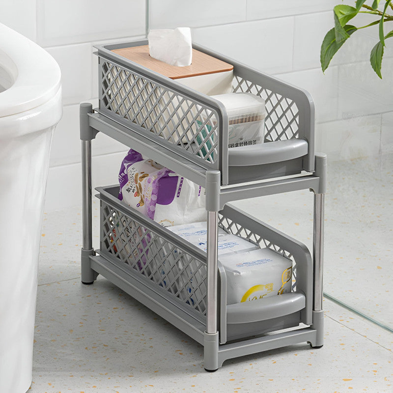 Downtown 2 Tier Sliding Basket Organizer Grey Under Sink Storage Rack Pull Out Kitchen Bathroom Shelf