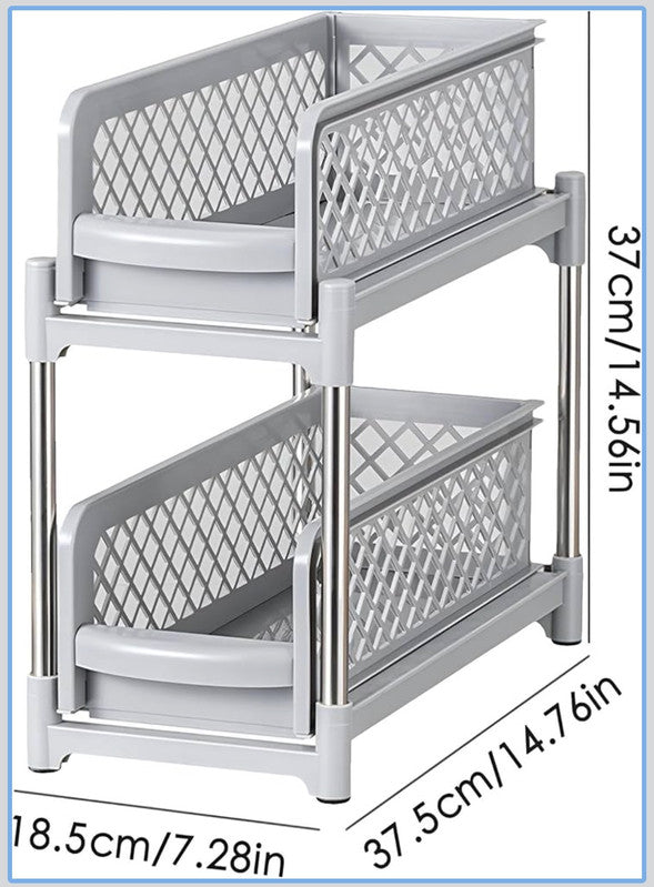 Downtown 2 Tier Sliding Basket Organizer Grey Under Sink Storage Rack Pull Out Kitchen Bathroom Shelf
