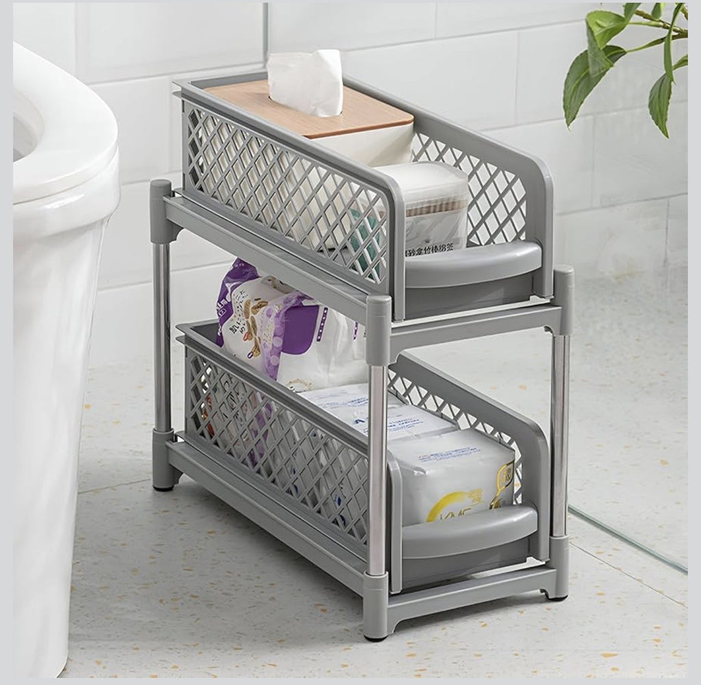 Downtown 2 Tier Sliding Basket Organizer Grey Under Sink Storage Rack Pull Out Kitchen Bathroom Shelf