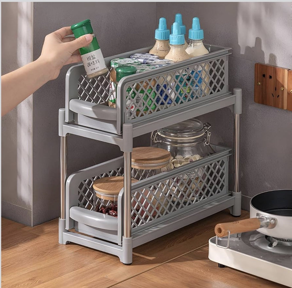 Downtown 2 Tier Sliding Basket Organizer Grey Under Sink Storage Rack Pull Out Kitchen Bathroom Shelf
