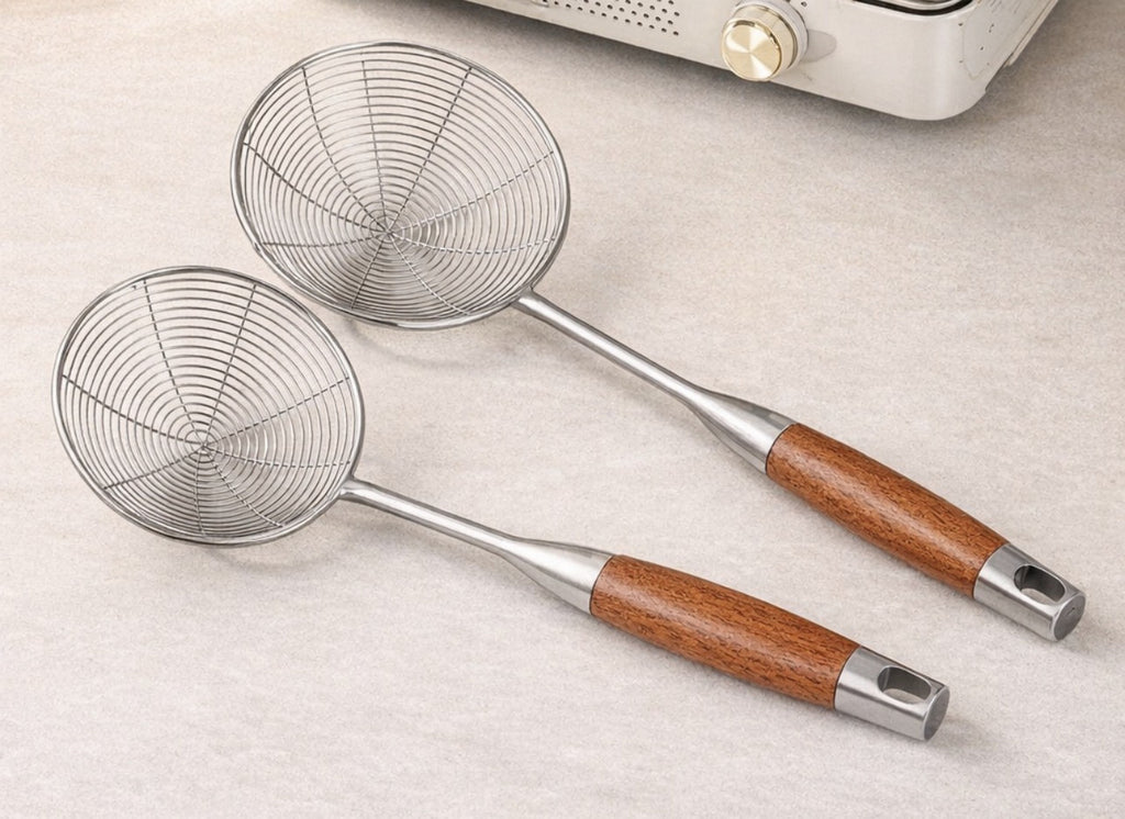 Downtown Stainless Steel Skimmer Strainer Set (2 PCS) Fine Mesh Spider Strainer with Wooden Handle for Frying Noodles Dumplings Oil Drain