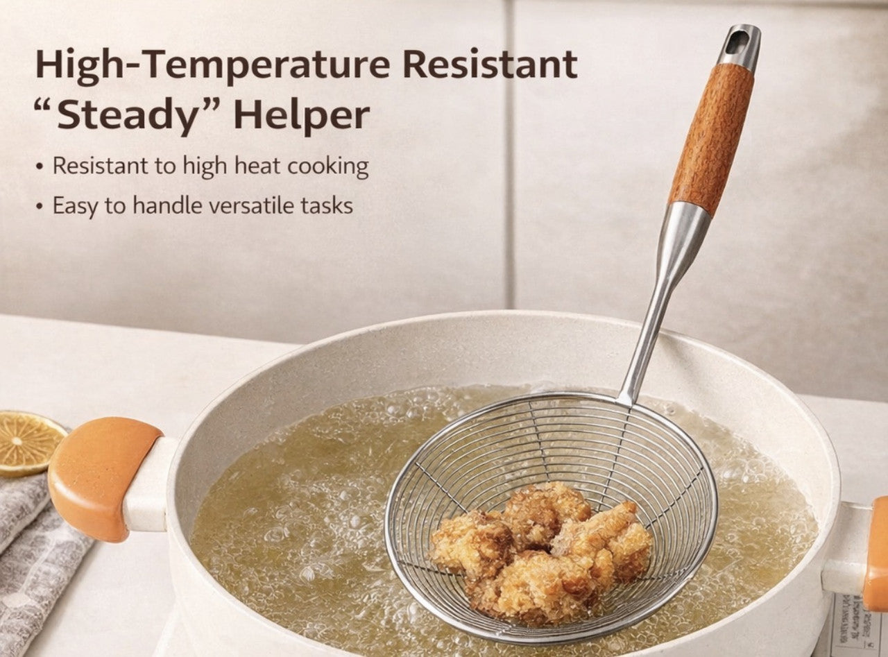 Downtown Stainless Steel Skimmer Strainer Set (2 PCS) Fine Mesh Spider Strainer with Wooden Handle for Frying Noodles Dumplings Oil Drain