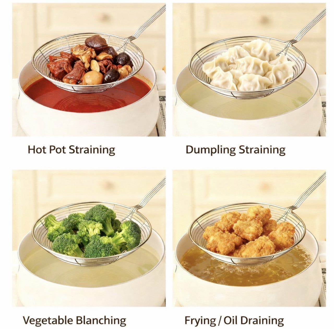 Downtown Stainless Steel Skimmer Strainer Set (2 PCS) Fine Mesh Spider Strainer with Wooden Handle for Frying Noodles Dumplings Oil Drain