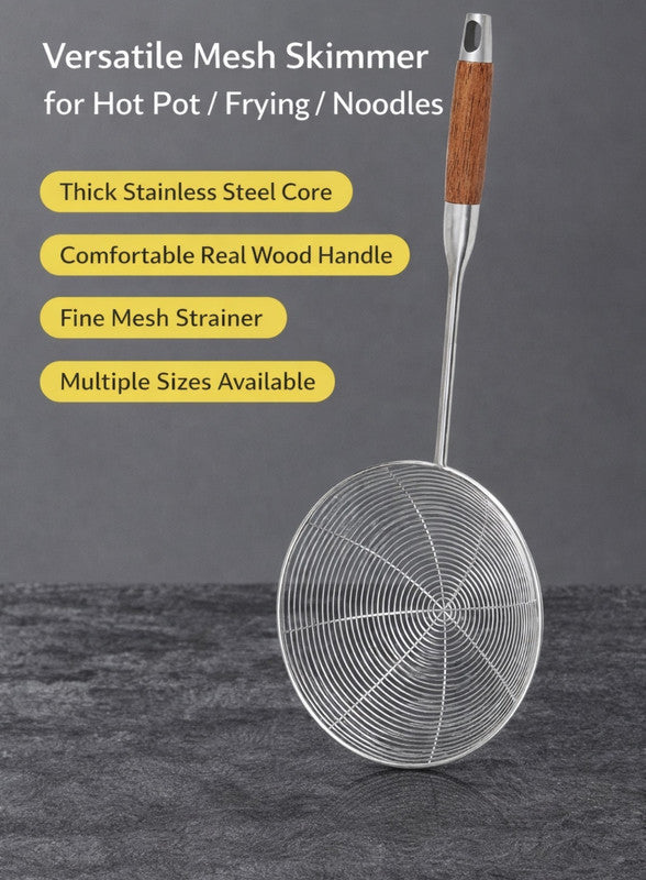 Downtown Stainless Steel Skimmer Strainer Set (2 PCS) Fine Mesh Spider Strainer with Wooden Handle for Frying Noodles Dumplings Oil Drain