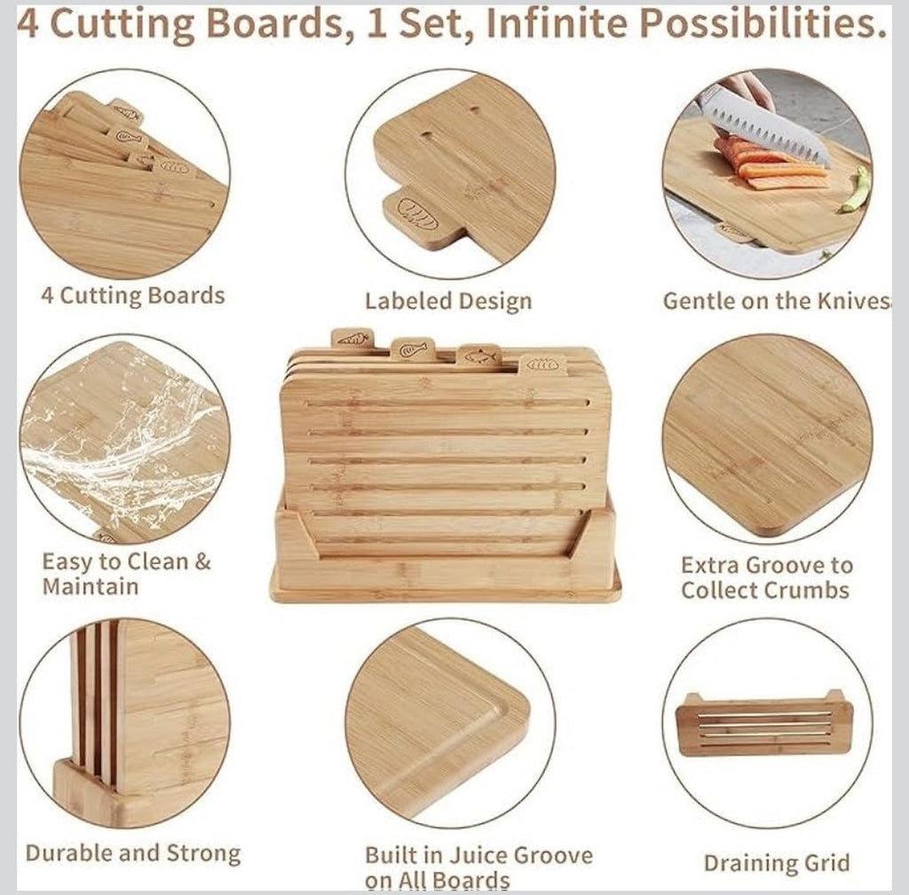 Downtown Bamboo Cutting Board Set with Stand (4 PCS) Kitchen Chopping Boards Set for Meat Vegetables Bread with Holder Storage Rack