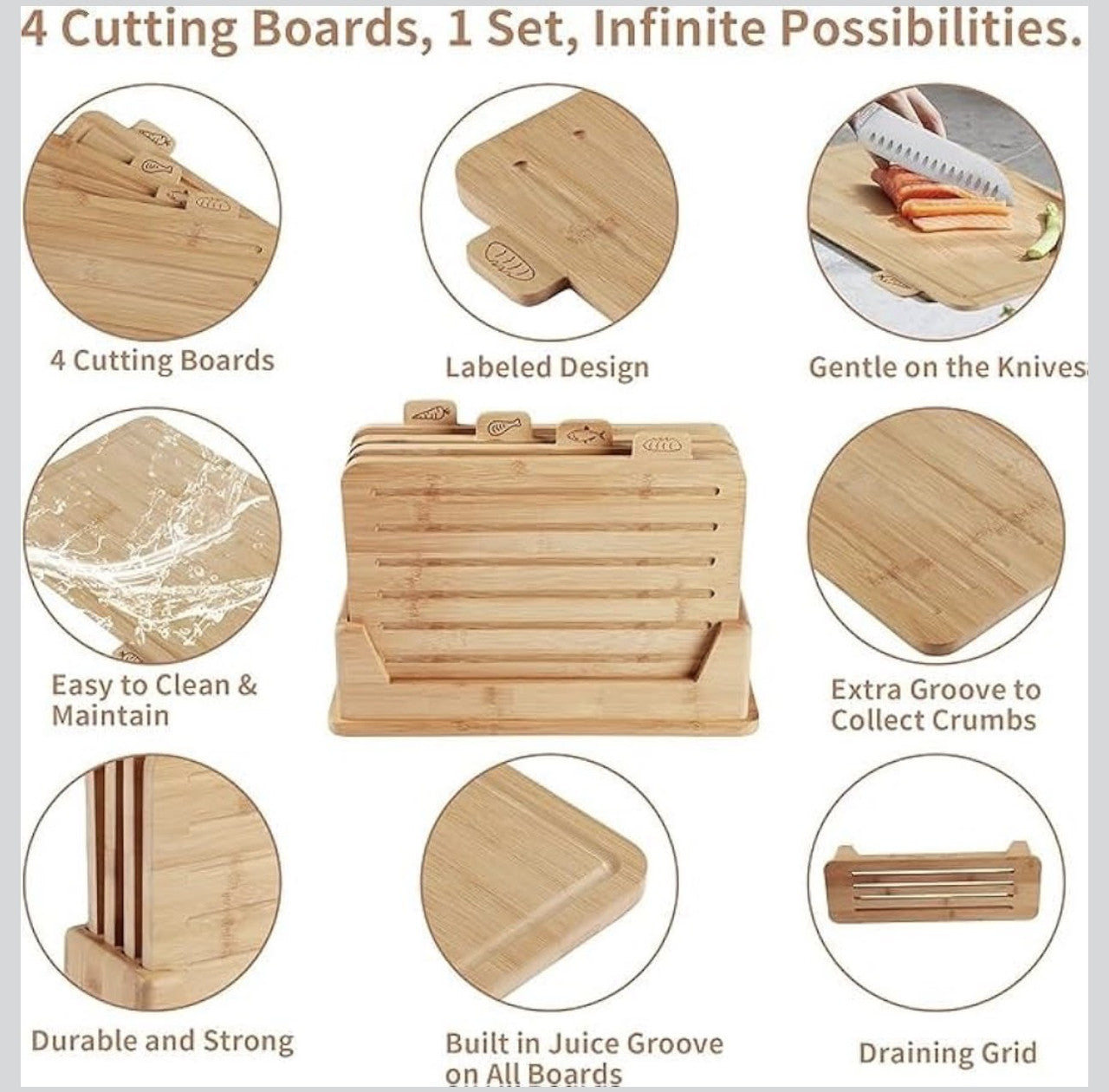 Downtown Bamboo Cutting Board Set with Stand (4 PCS) Kitchen Chopping Boards Set for Meat Vegetables Bread with Holder Storage Rack
