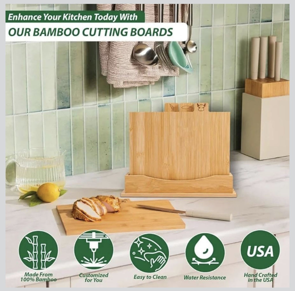 Downtown Bamboo Cutting Board Set with Stand (4 PCS) Kitchen Chopping Boards Set for Meat Vegetables Bread with Holder Storage Rack