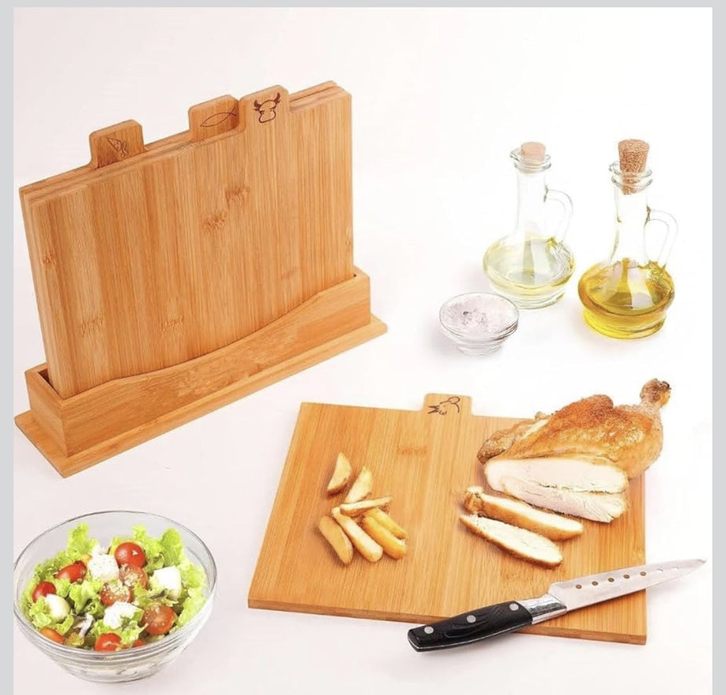 Downtown Bamboo Cutting Board Set with Stand (4 PCS) Kitchen Chopping Boards Set for Meat Vegetables Bread with Holder Storage Rack