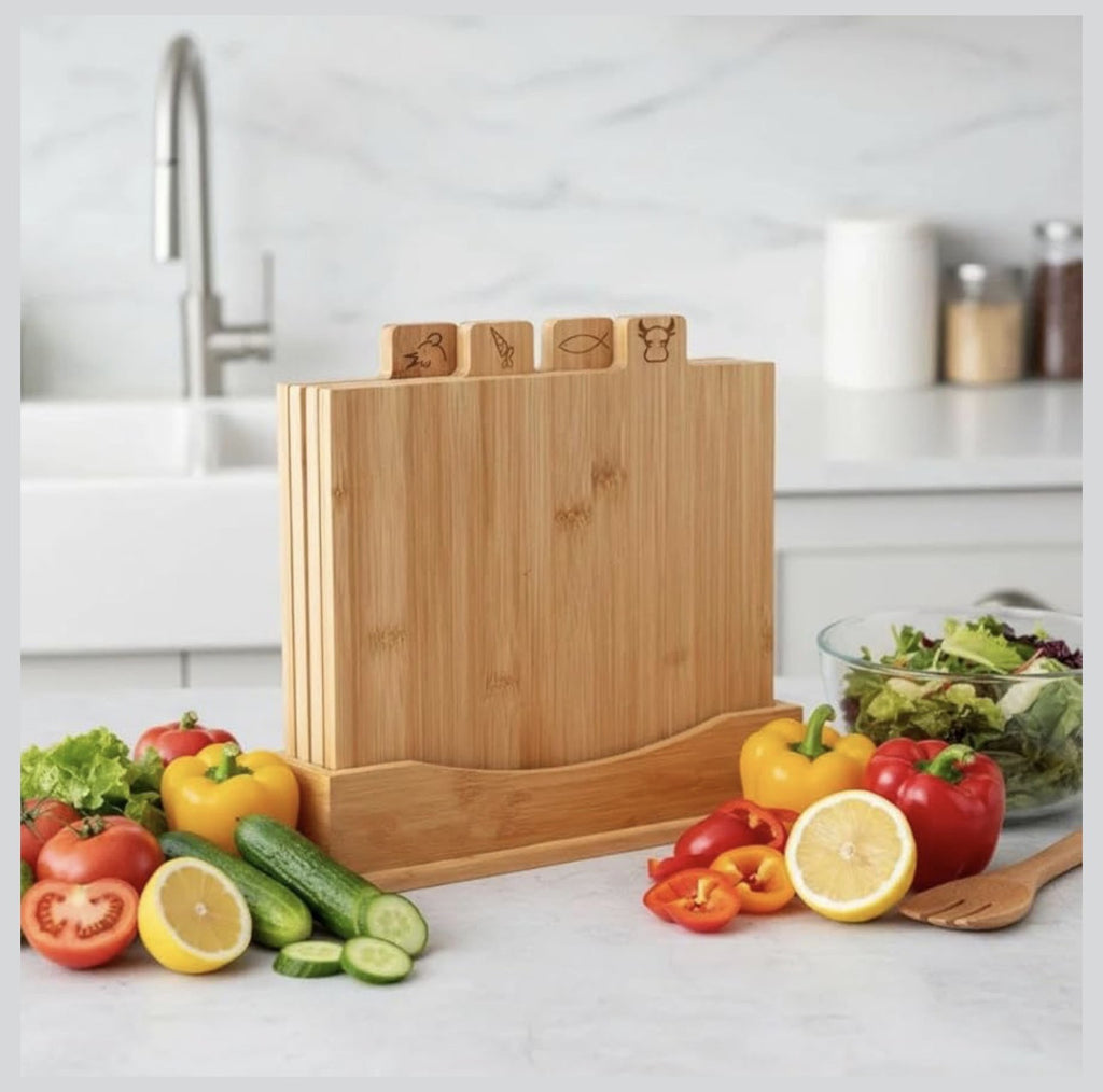Downtown Bamboo Cutting Board Set with Stand (4 PCS) Kitchen Chopping Boards Set for Meat Vegetables Bread with Holder Storage Rack