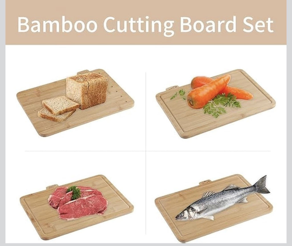 Downtown Bamboo Cutting Board Set with Stand (4 PCS) Kitchen Chopping Boards Set for Meat Vegetables Bread with Holder Storage Rack