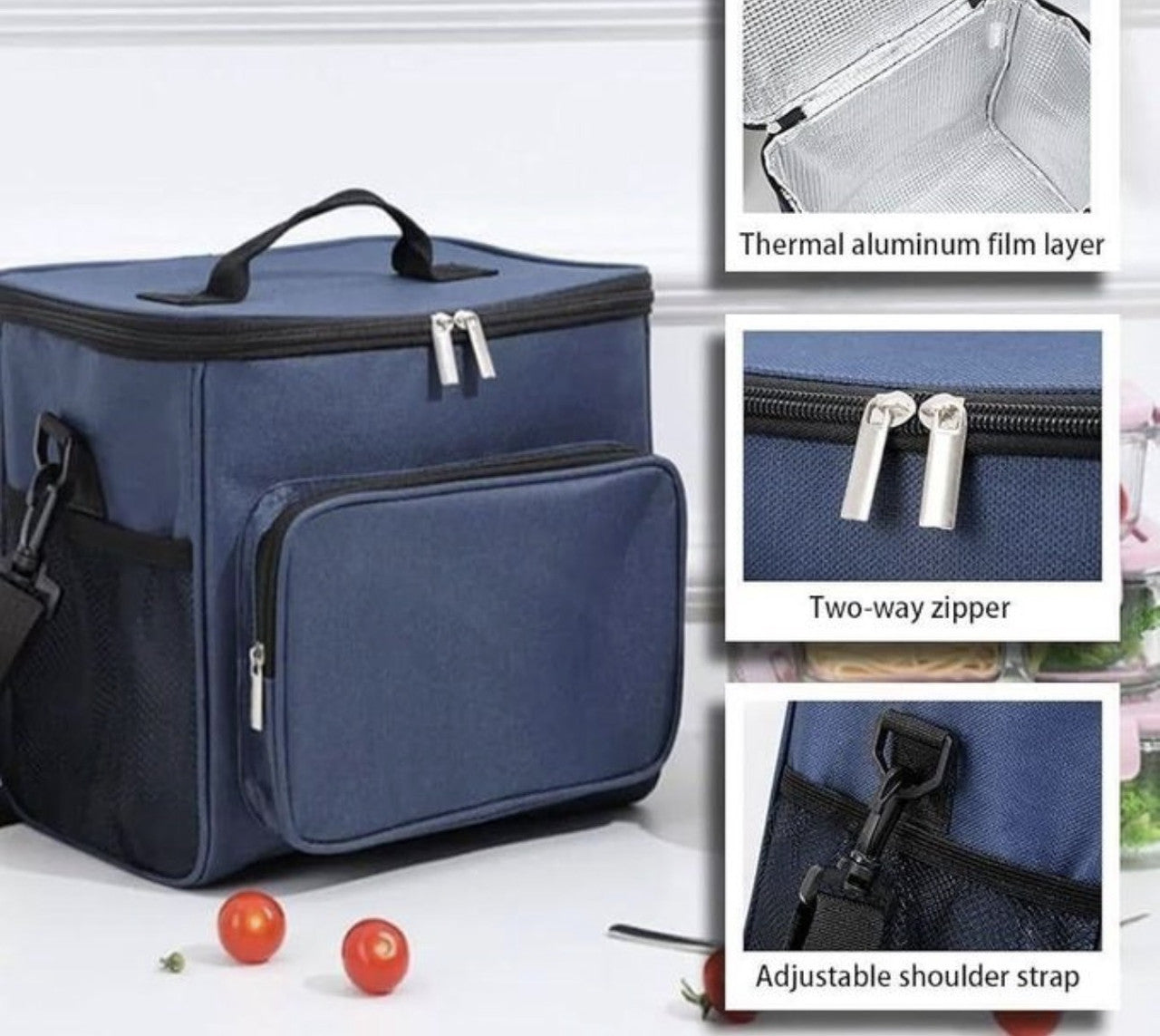 Downtown Insulated Lunch Bag Large Capacity Cooler Bag Thermal Food Storage Tote with Shoulder Strap for Work Travel Picnic (Blue)