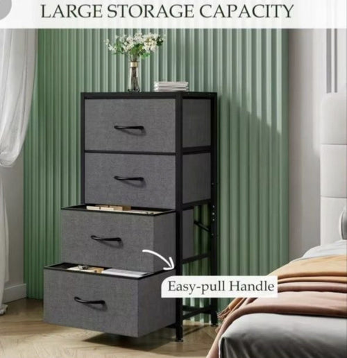 Downtown 4 Drawer Fabric Storage Organizer Tower with Steel Frame Vertical Dresser for Bedroom Living Room Closet Space Saving Cabinet