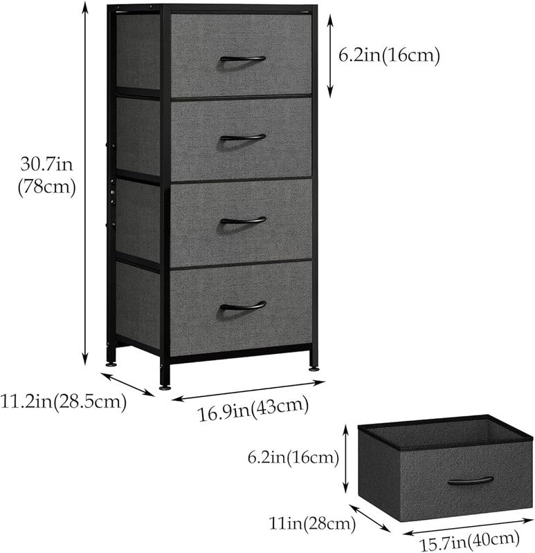 Downtown 4 Drawer Fabric Storage Organizer Tower with Steel Frame Vertical Dresser for Bedroom Living Room Closet Space Saving Cabinet